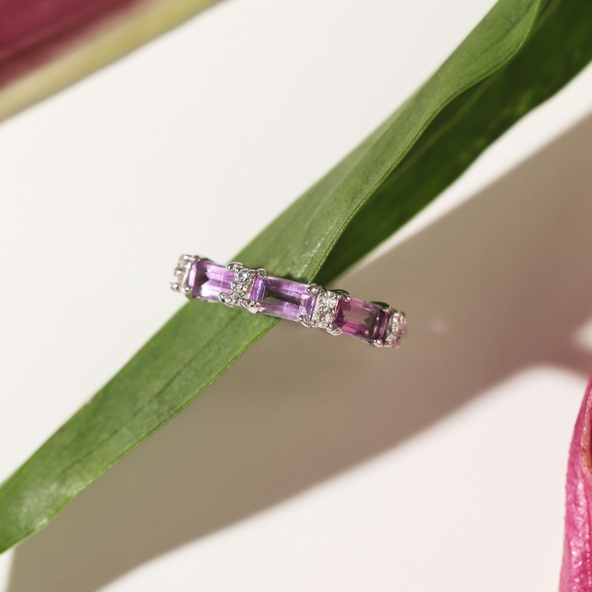 Lavender Amethyst Emerald Cut Eternity Ring in Sterling Silver - SJR London Timepiece