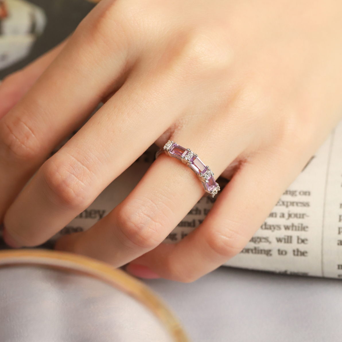 Lavender Amethyst Emerald Cut Eternity Ring in Sterling Silver - SJR London Timepiece