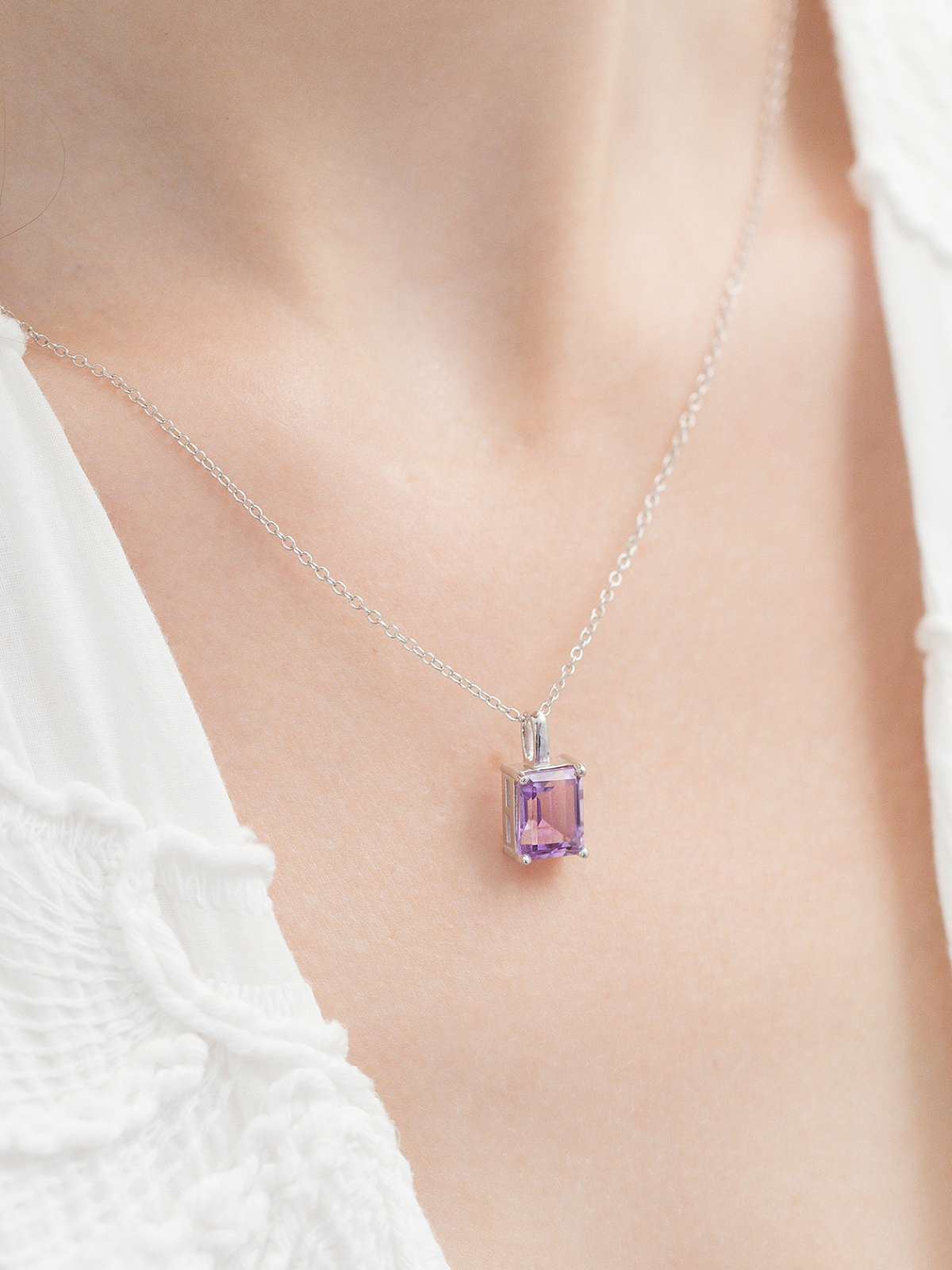 Lavender Amethyst Emerald Cut Pendant Necklace in Sterling Silver - SJR London Timepiece