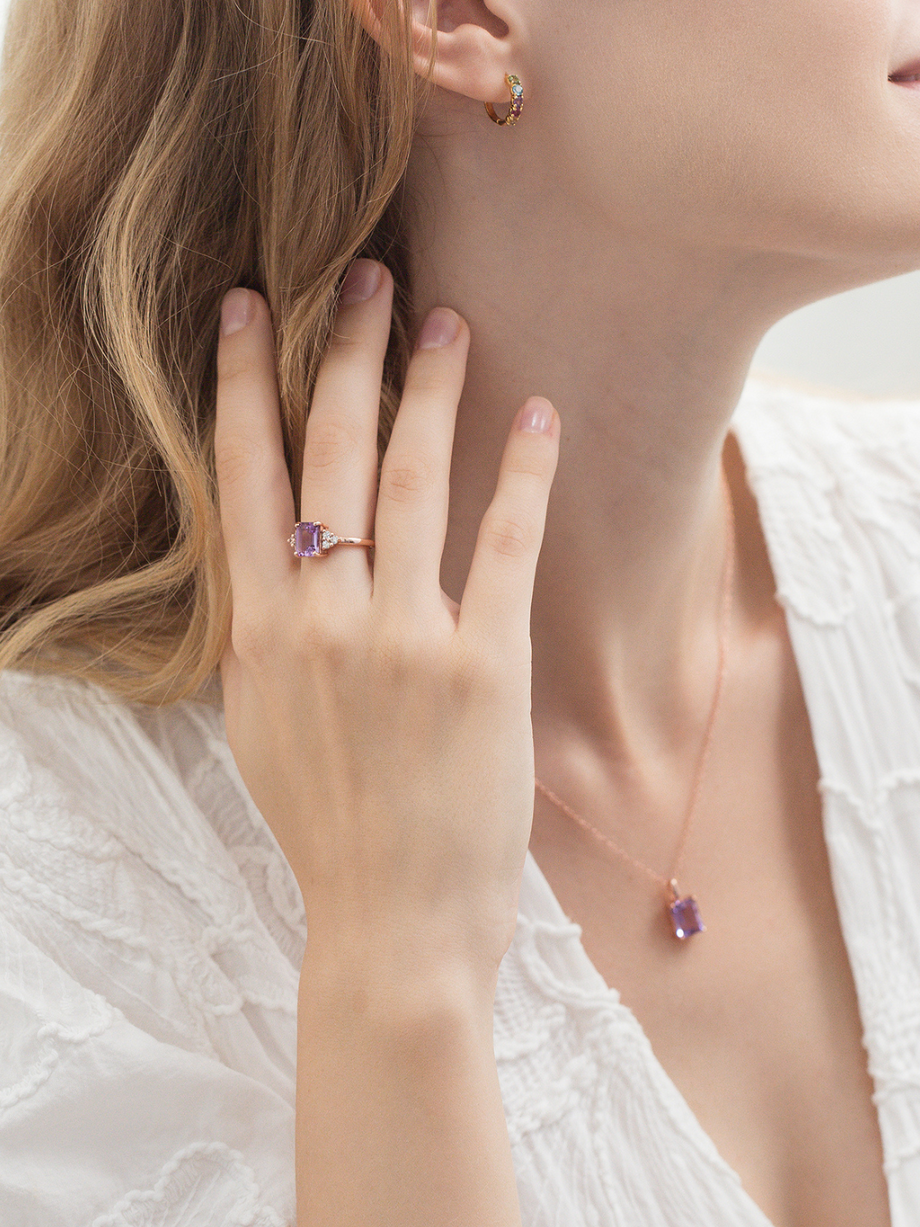 Bague taille émeraude en améthyste lavande en vermeil d'or rose 18 carats