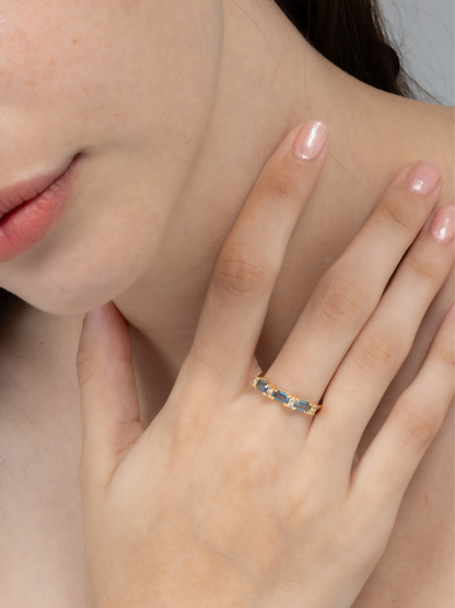 London Blue Topaz Emerald Cut Eternity Ring in 18k Gold Vermeil - SJR London Timepiece
