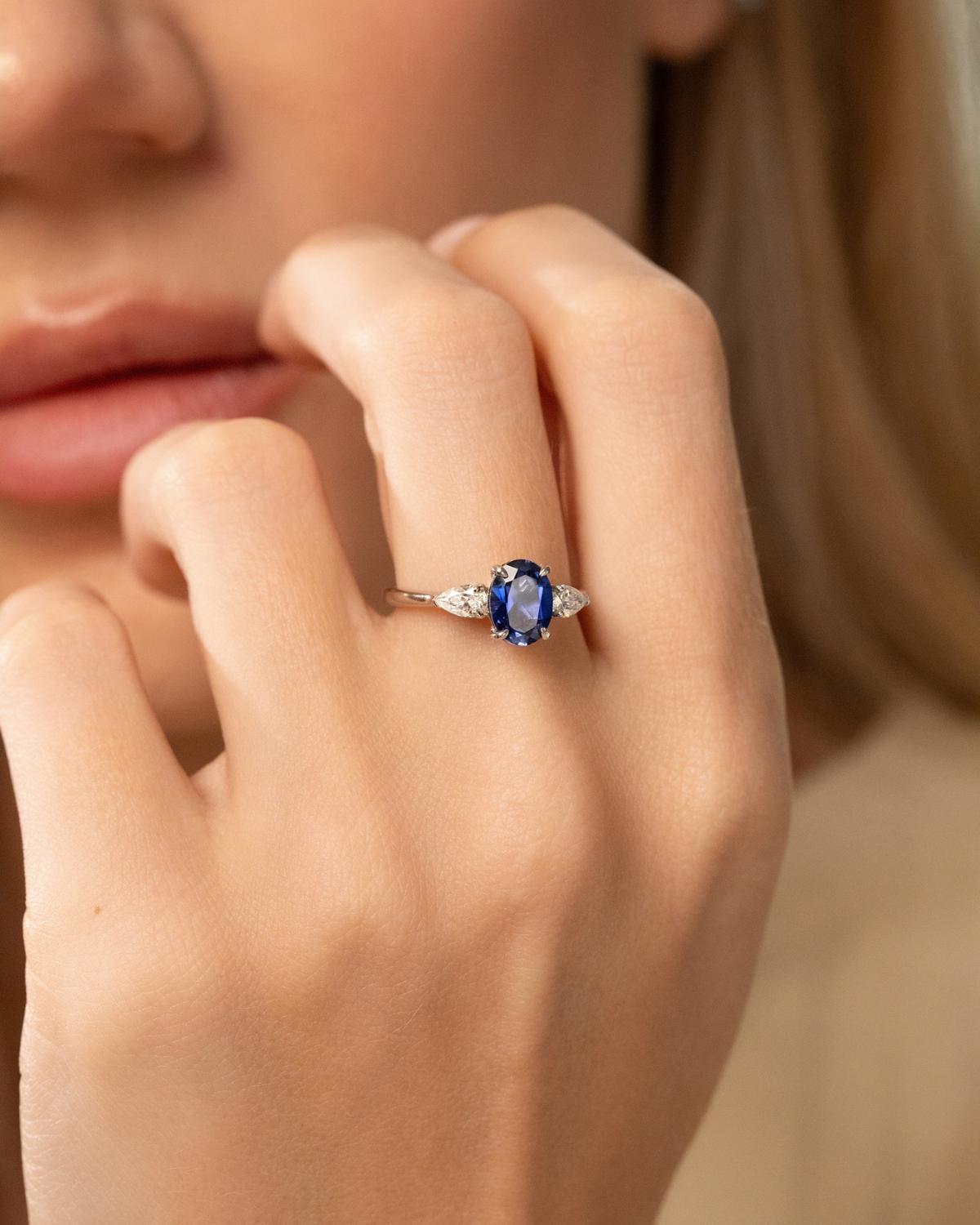 Blue Sapphire Oval Cut Three Stone Engagement Ring in Sterling Silver - SJR London Timepiece