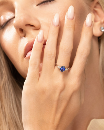 Blue Sapphire Oval Cut Three Stone Engagement Ring in Sterling Silver - SJR London Timepiece