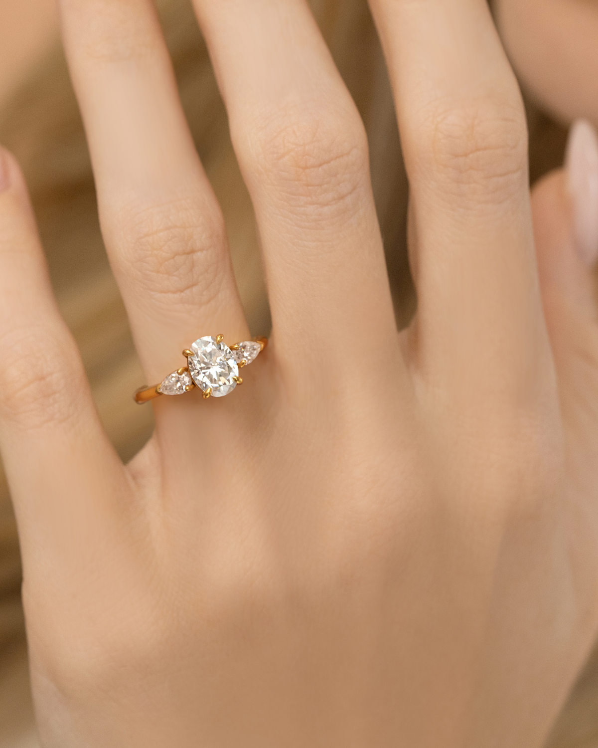 2 ct Oval Moissanite Three Stone Engagement Ring in 18k Gold Vermeil - SJR London Timepiece