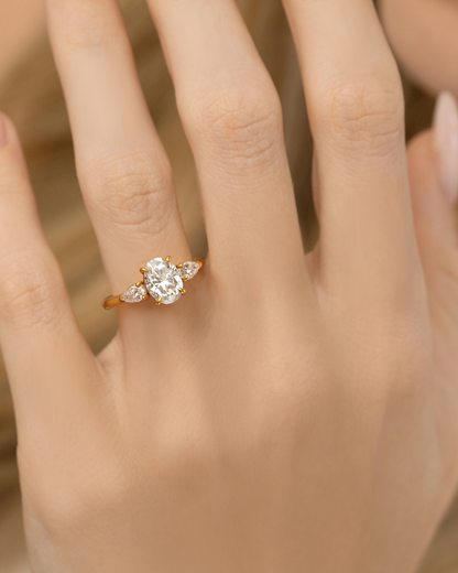 2 ct Oval Moissanite Three Stone Engagement Ring in 18k Gold Vermeil - SJR London Timepiece