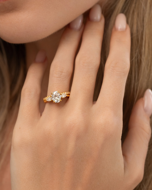 2 ct Oval Moissanite Three Stone Engagement Ring in 18k Gold Vermeil - SJR London Timepiece