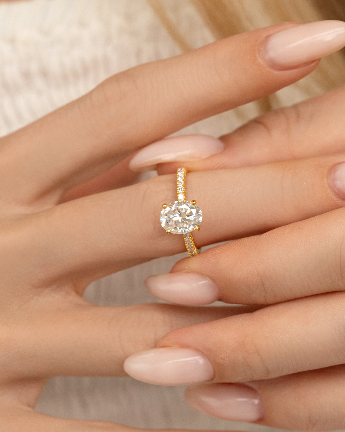 2 ct Oval Solitaire Moissanite Engagement Ring with Pavé Band in 18k Gold Vermeil - SJR London Timepiece