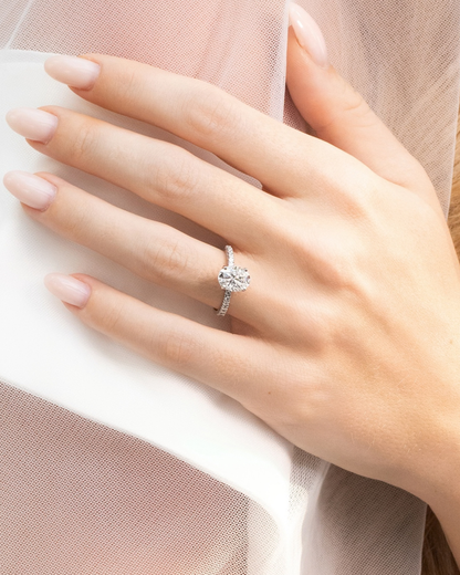 2 ct Oval Solitaire Moissanite Engagement Ring with Pavé Band in Sterling Silver - SJR London Timepiece