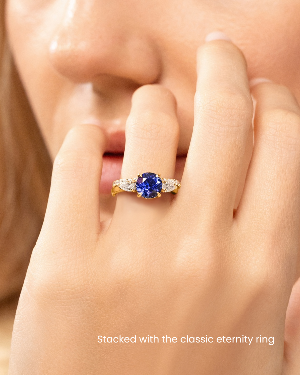 Blue Sapphire Round Cut Three Stone Engagement Ring in 18k Gold Vermeil - SJR London Timepiece