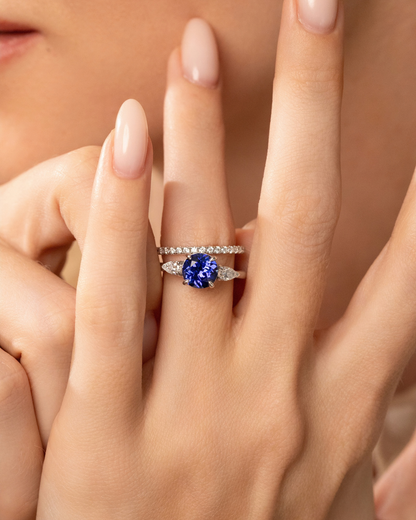 Blue Sapphire Round Cut Three Stone Engagement Ring in Sterling Silver - SJR London Timepiece