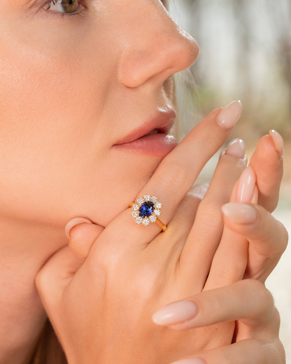 Blue Sapphire Halo Engagement Ring in 18k Gold Vermeil - SJR London Timepiece