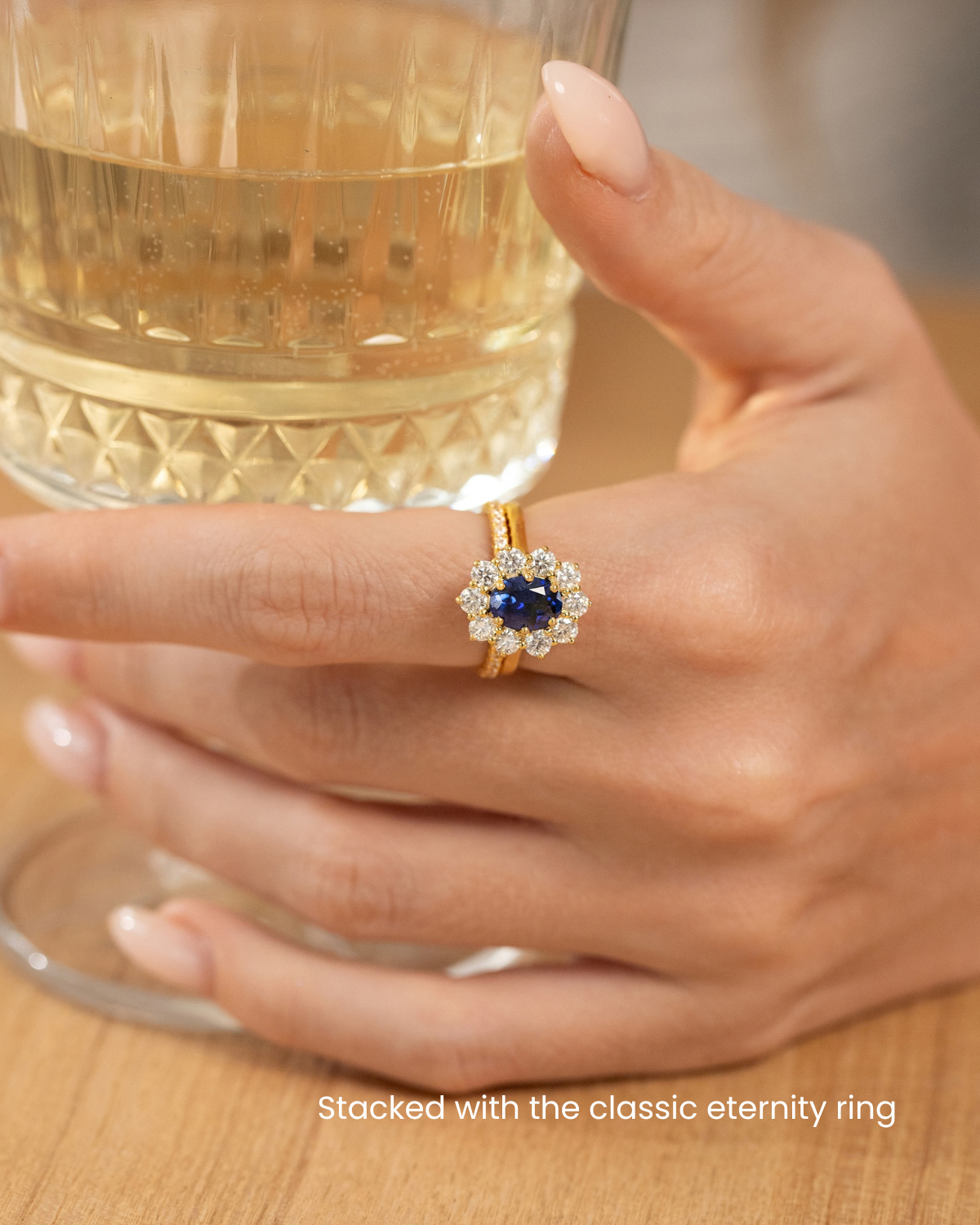 Blue Sapphire Halo Engagement Ring in 18k Gold Vermeil - SJR London Timepiece