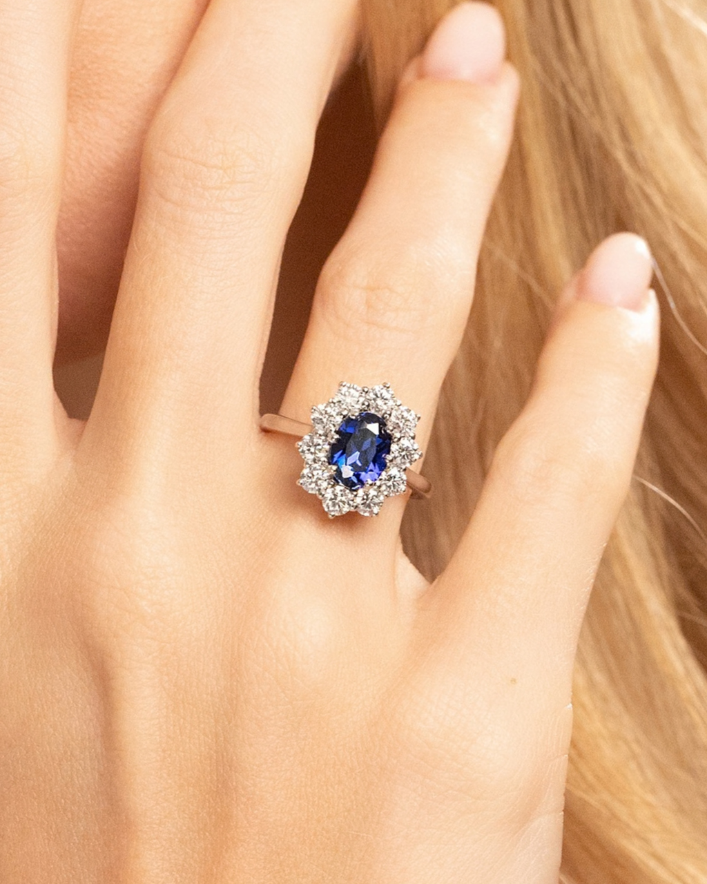 Bague de fiançailles auréole saphir bleu en argent sterling