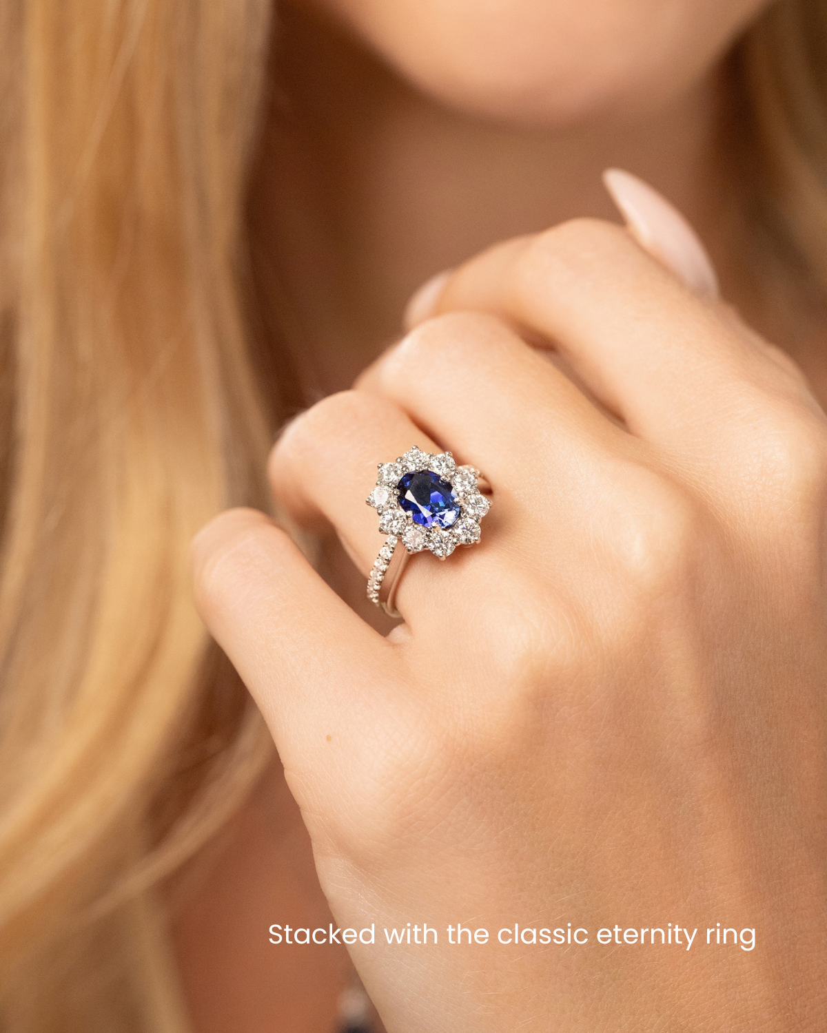 Bague de fiançailles auréole saphir bleu en argent sterling