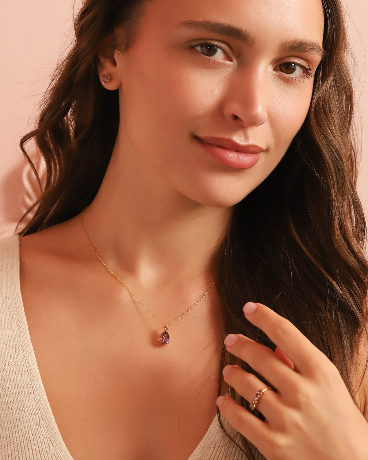 Bande demi-éternité en or vermeil 18 carats avec rubis rose et améthyste taille poire