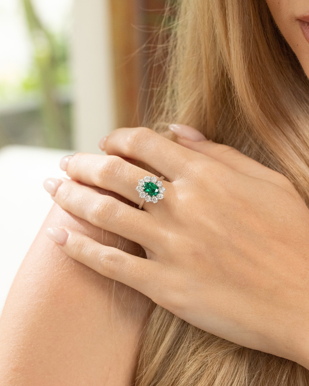 Emerald Halo Engagement Ring in Sterling Silver - SJR London Timepiece