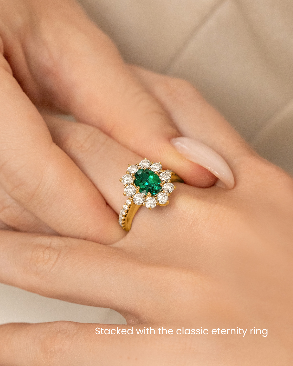 Bague de Fiançailles Auréole Émeraude en Vermeil d'Or 18 carats