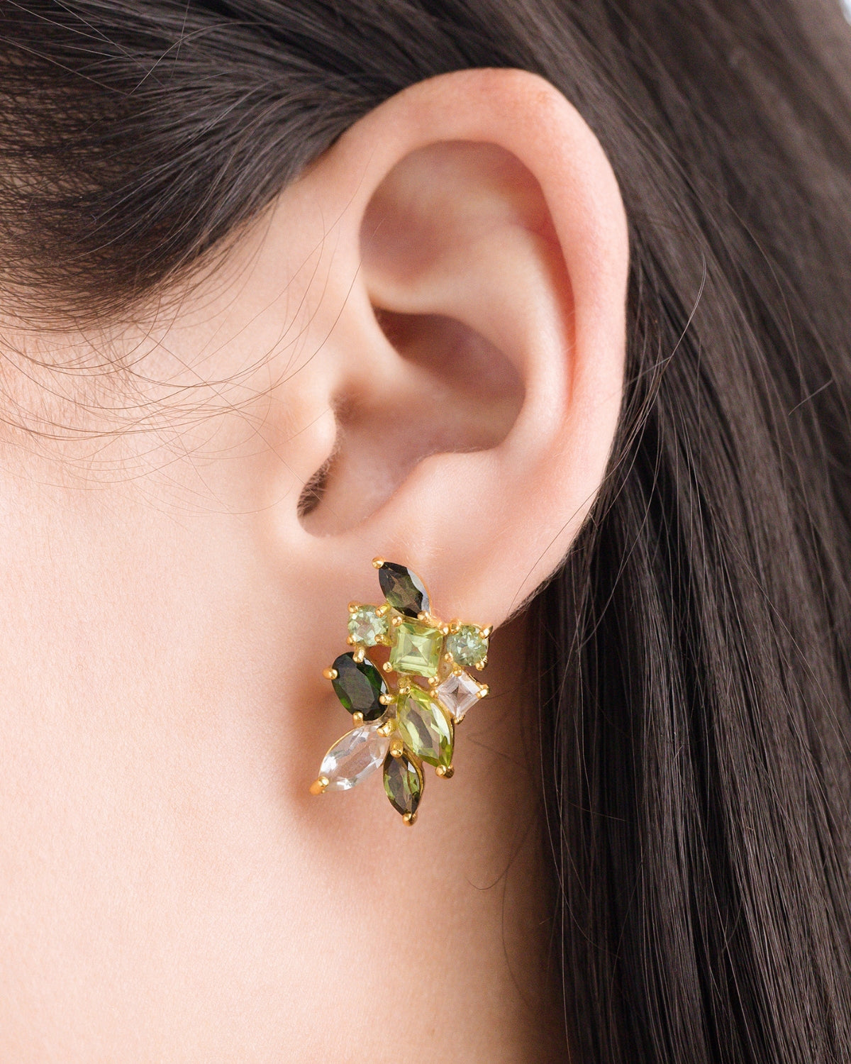 Large Green Gemstone Cluster Earrings in 18k Gold Vermeil - SJR London Timepiece