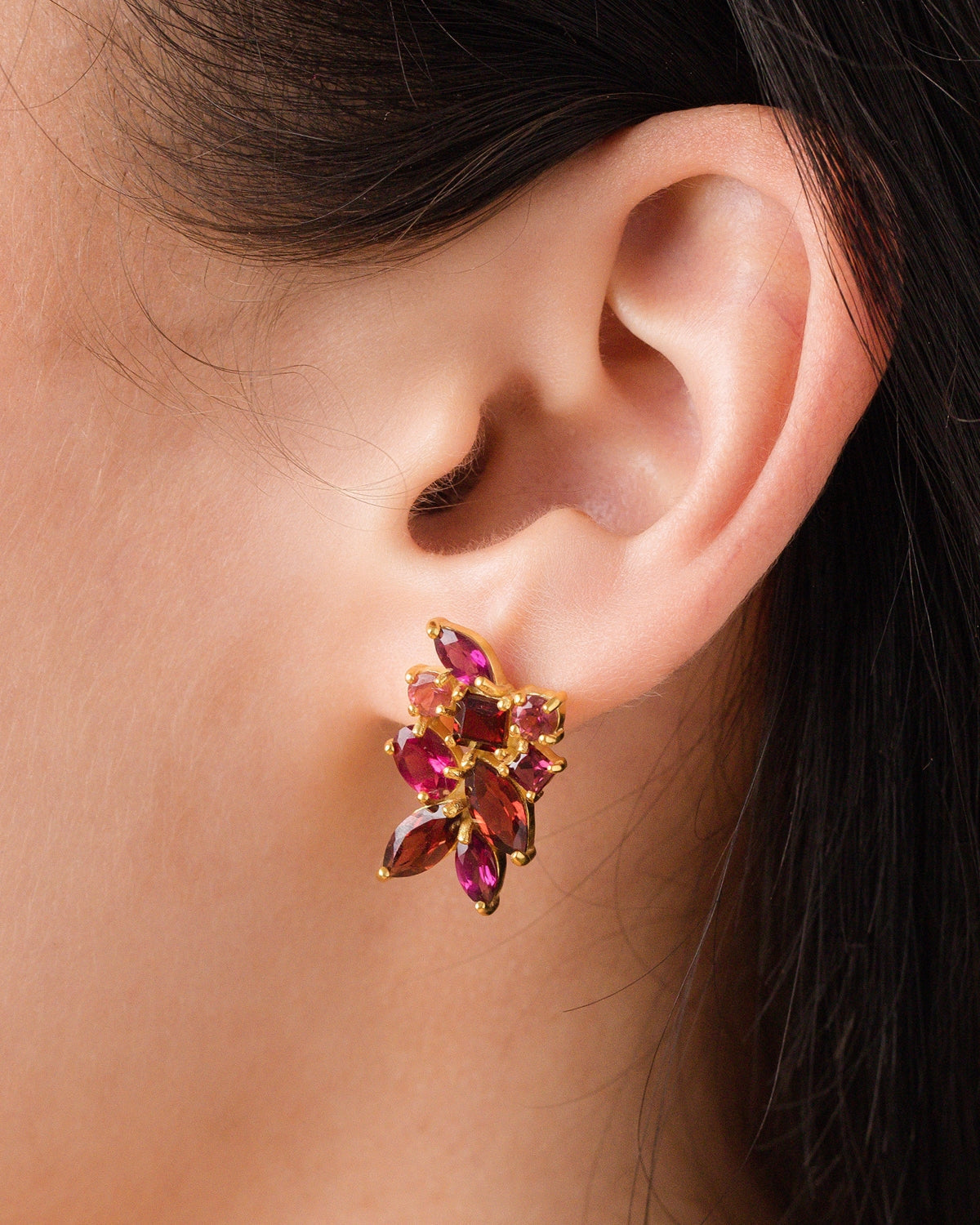Large Red Gemstone Cluster Earrings in 18k Gold Vermeil - SJR London Timepiece