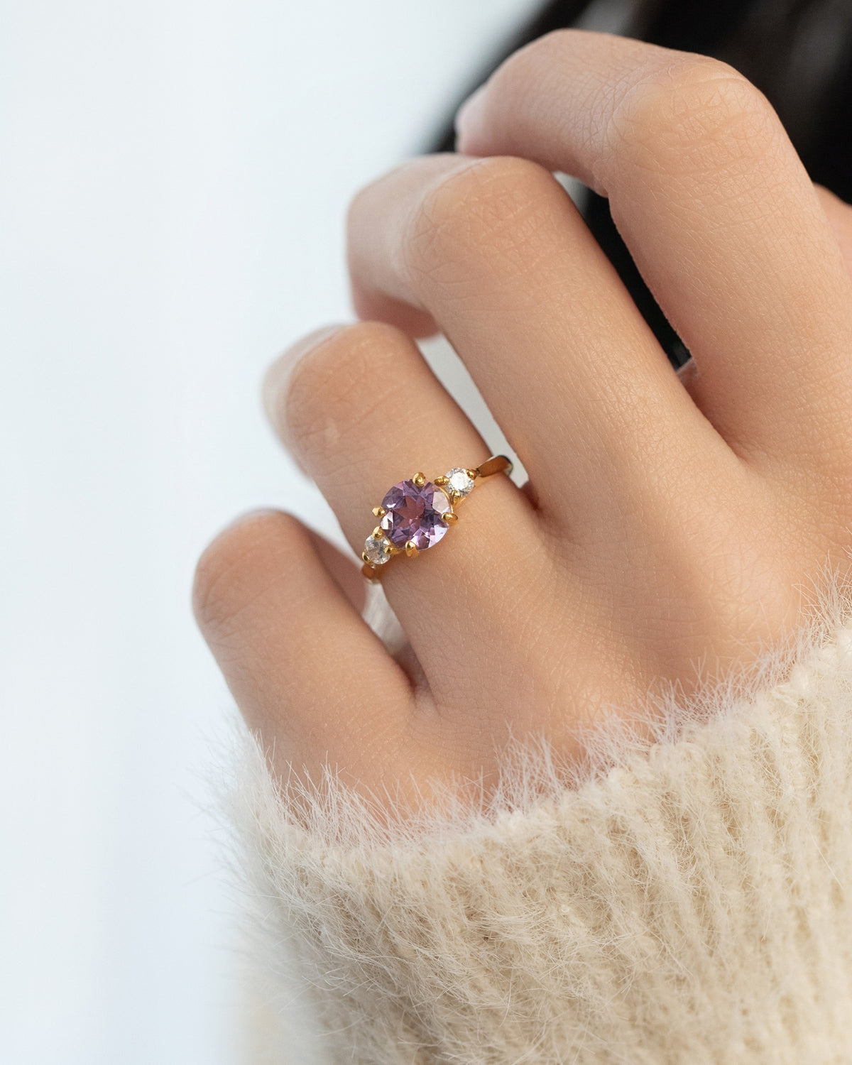 Lavender Amethyst Three Stone Ring in 18k Gold Vermeil - SJR London Timepiece