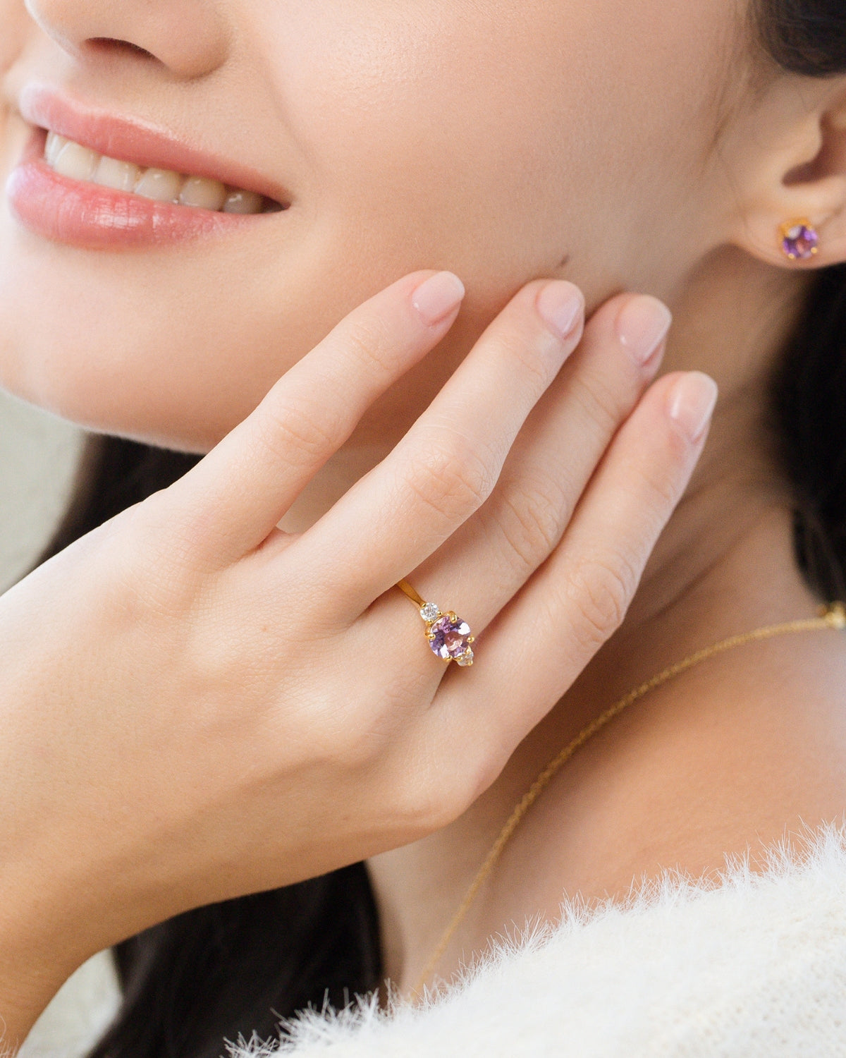 Lavender Amethyst Three Stone Ring in 18k Gold Vermeil - SJR London Timepiece