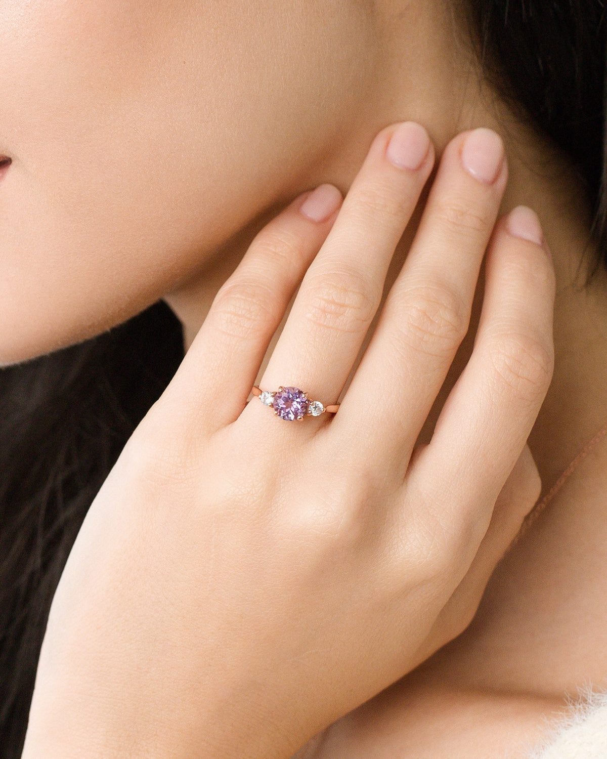 Lavender Amethyst Three Stone Ring in 18k Rose Gold Vermeil - SJR London Timepiece