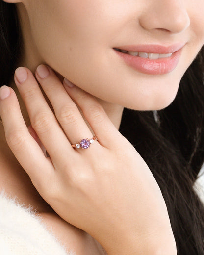 Lavender Amethyst Three Stone Ring in 18k Rose Gold Vermeil - SJR London Timepiece