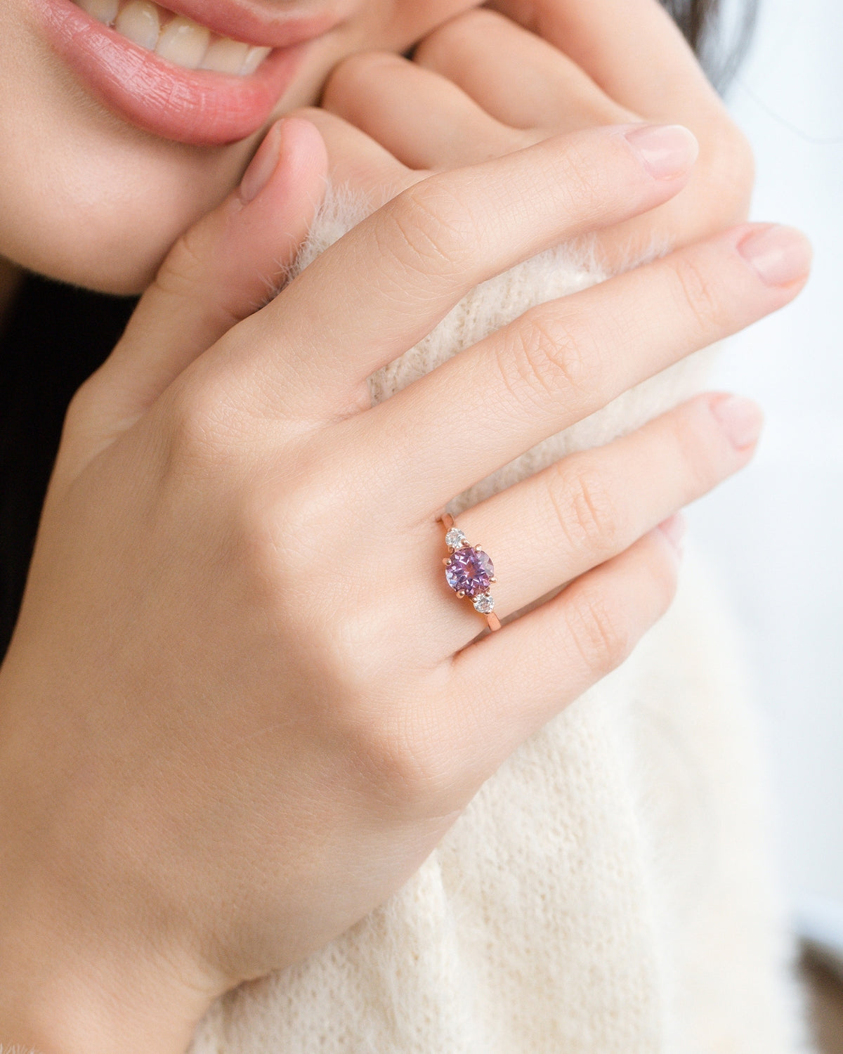Lavender Amethyst Three Stone Ring in 18k Rose Gold Vermeil - SJR London Timepiece
