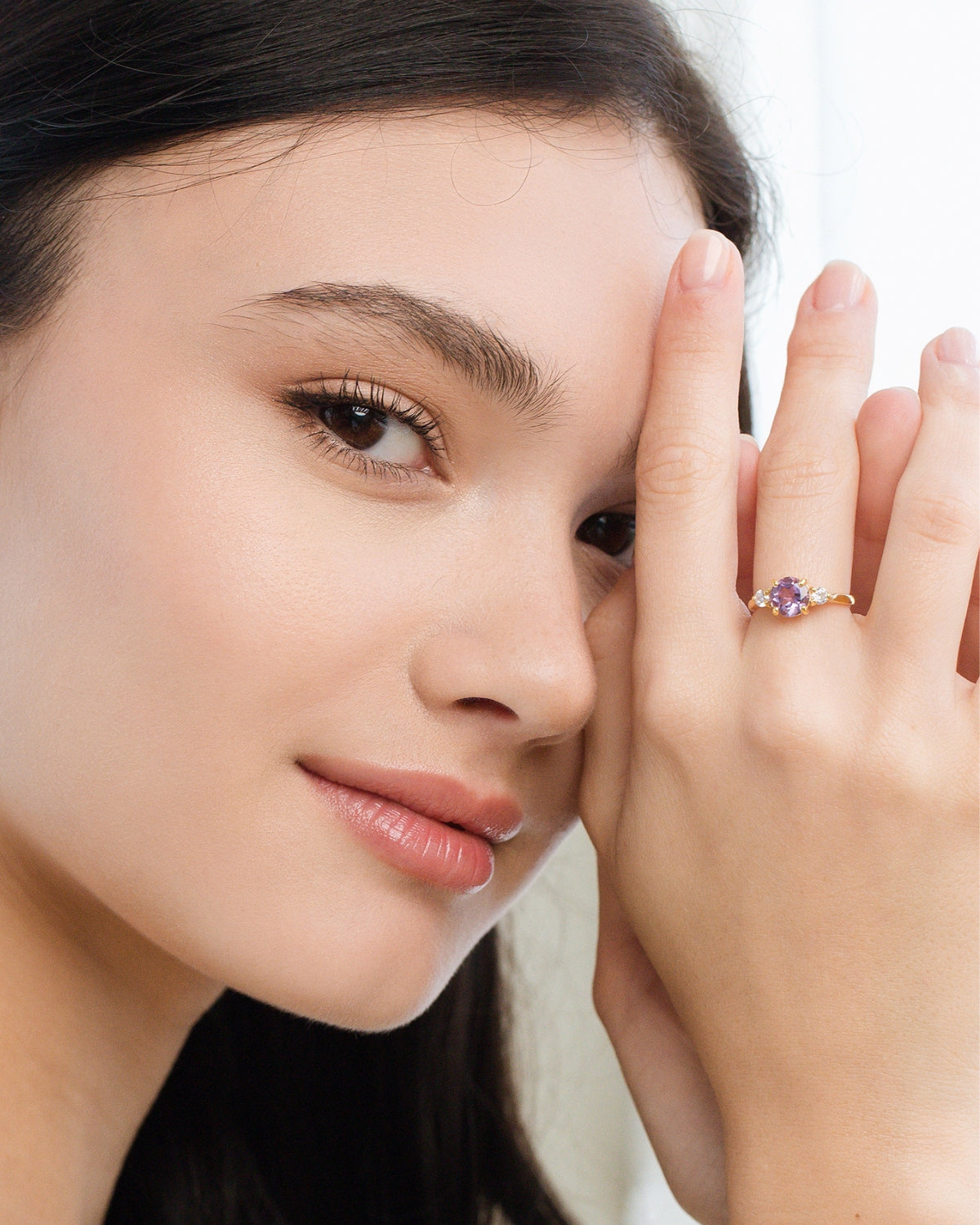 Bague trois pierres améthyste lavande en vermeil d'or 18 carats