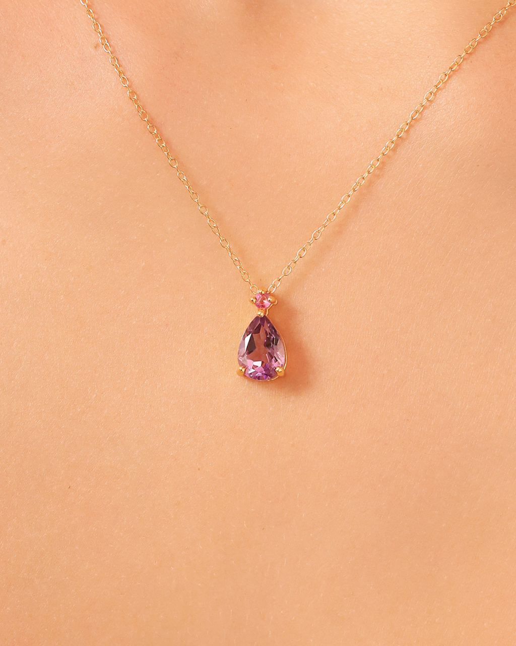 Collier Pendentif Poire Rubis Rose & Améthyste en Vermeil d'Or 18 carats