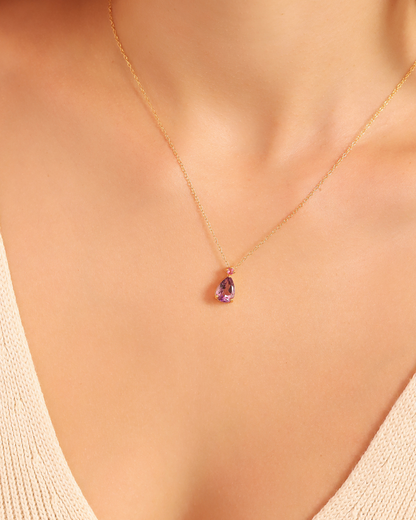 Pink Ruby & Amethyst Pear Cut Pendant Necklace in 18k Gold Vermeil - SJR London Timepiece