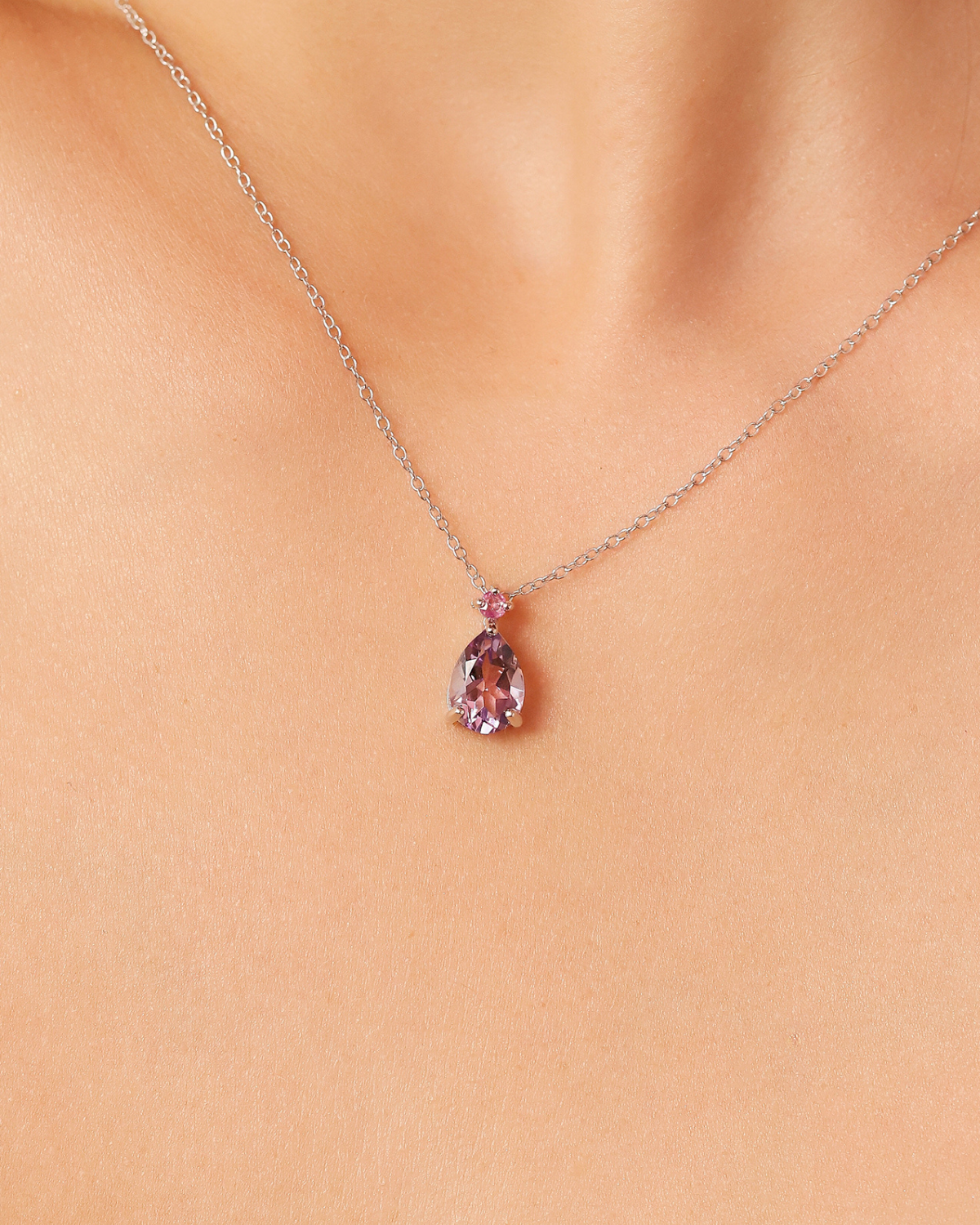 Pink Ruby & Amethyst Pear Cut Pendant Necklace in Sterling Silver - SJR London Timepiece