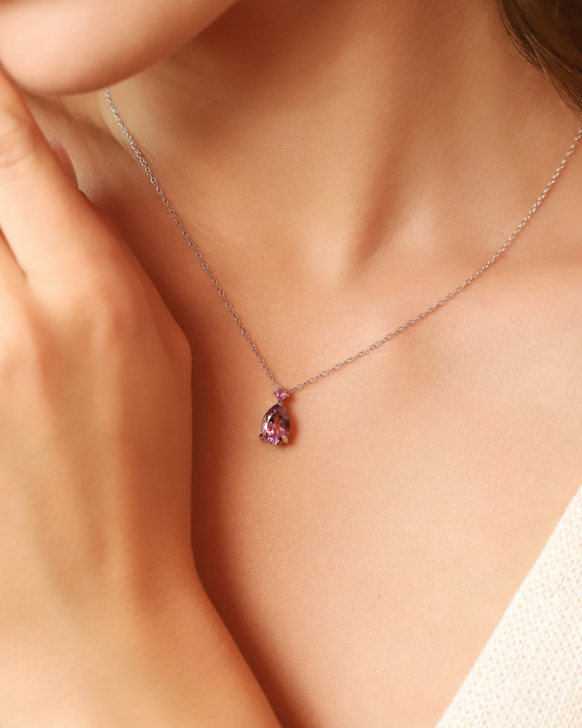 Pink Ruby & Amethyst Pear Cut Pendant Necklace in Sterling Silver - SJR London Timepiece