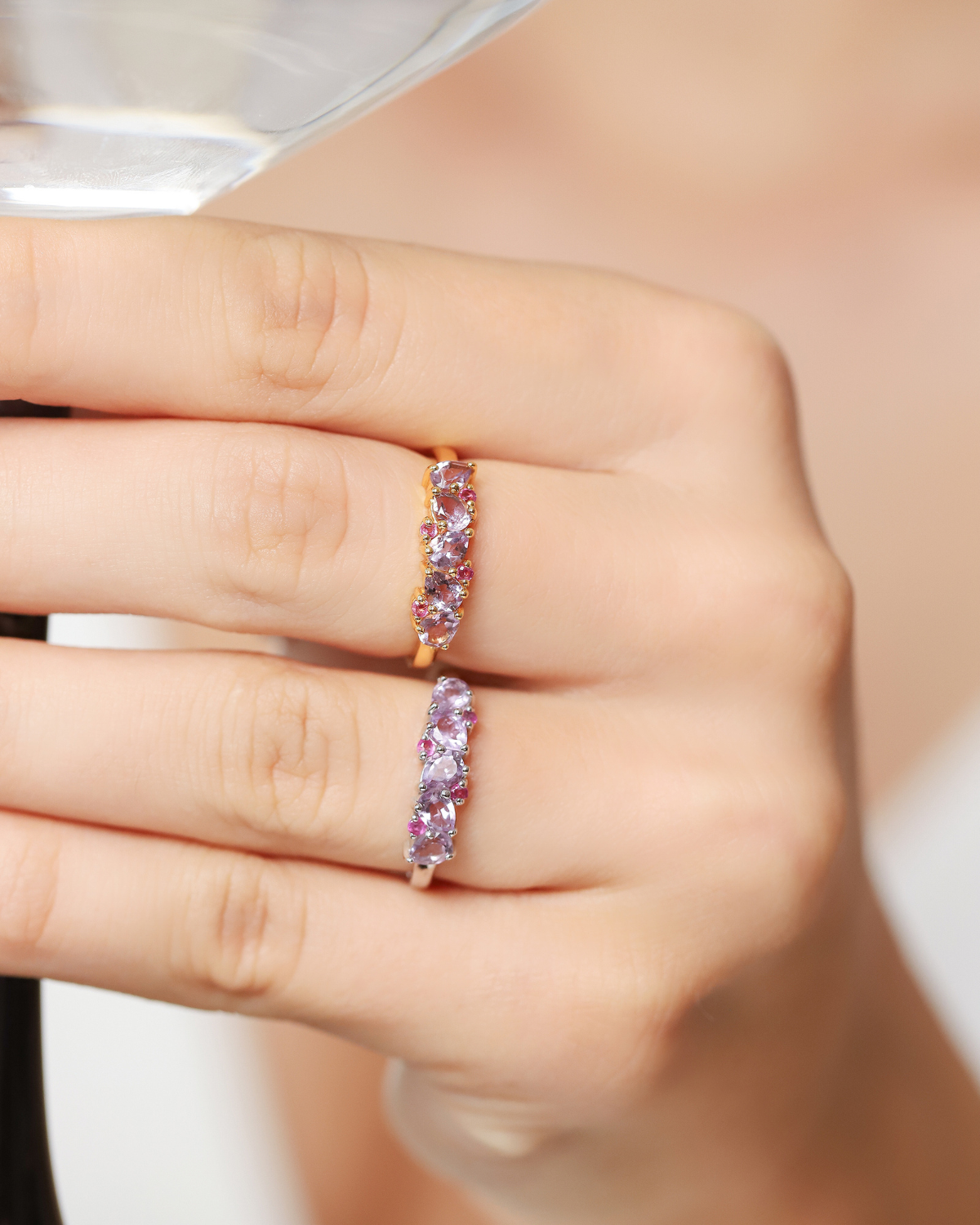 Pink Ruby & Amethyst Pear Cut Half Eternity Band in Sterling Silver - SJR London Timepiece