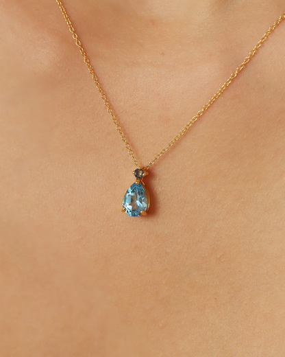 Blue Sapphire & Blue Topaz Pear Cut Pendant Necklace in 18k Gold Vermeil - SJR London Timepiece