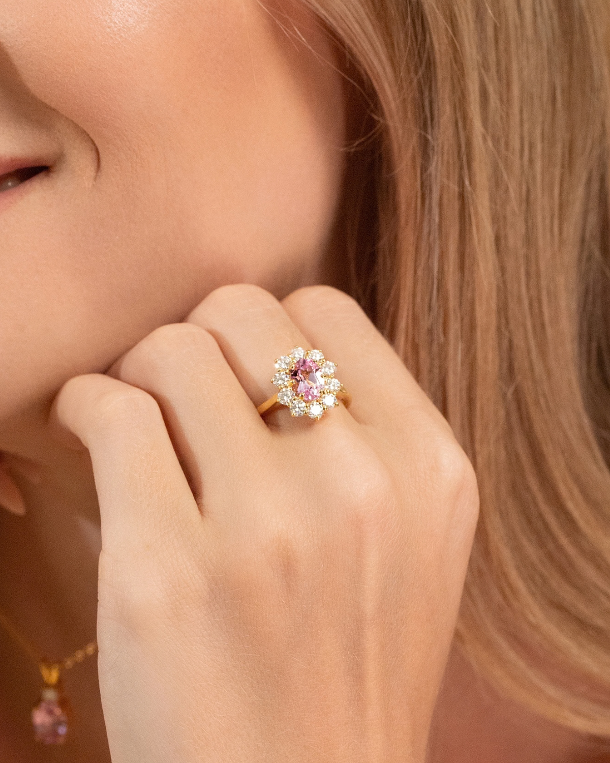 Pink Sapphire Halo Engagement Ring in 18k Gold Vermeil - SJR London Timepiece