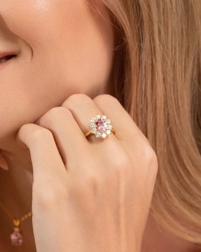 Pink Sapphire Halo Engagement Ring in 18k Gold Vermeil - SJR London Timepiece