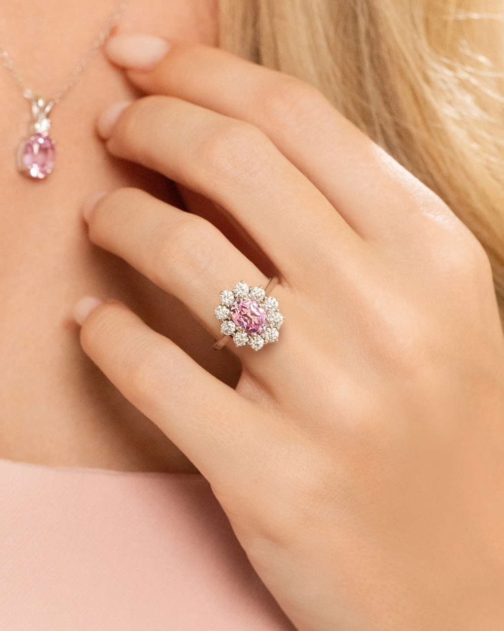 Bague de fiançailles auréole saphir rose en argent sterling