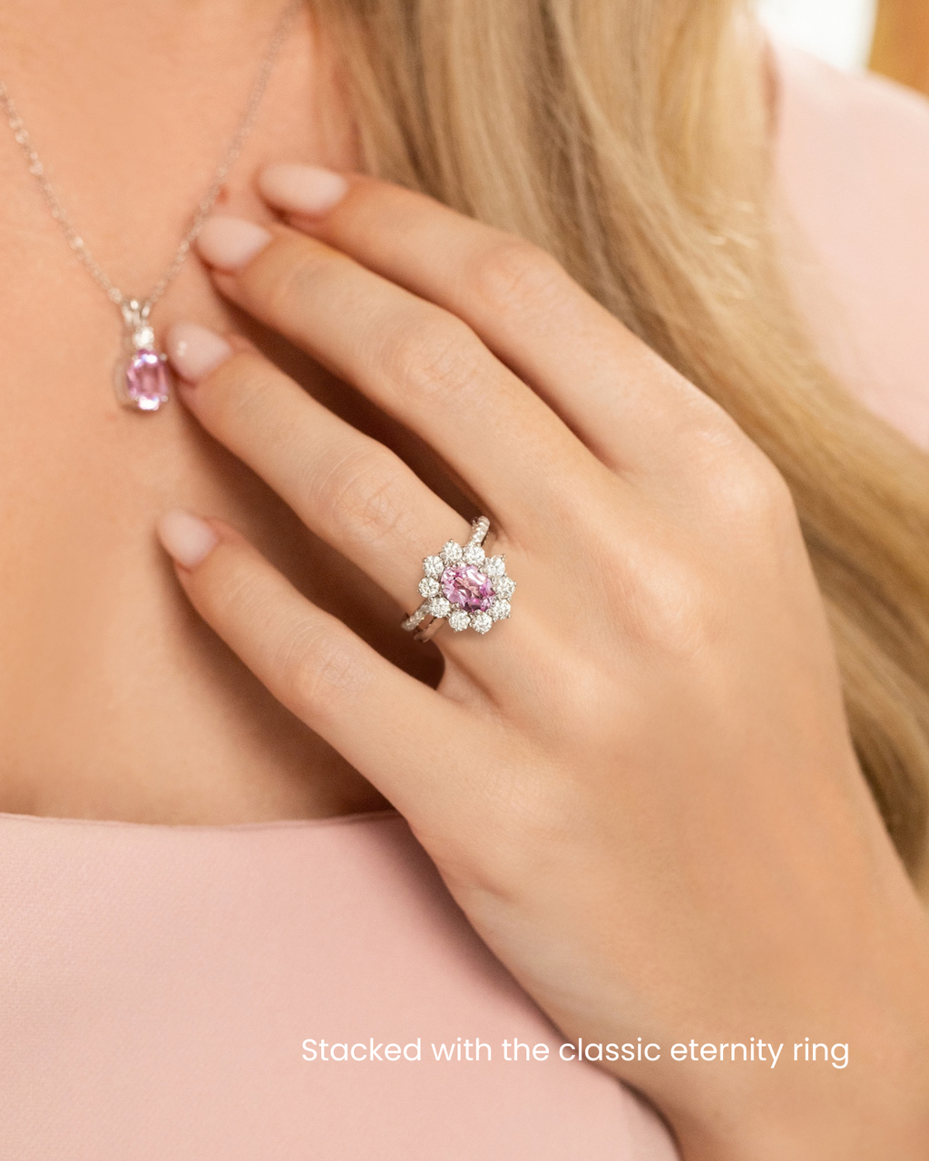 Bague de fiançailles auréole saphir rose en argent sterling
