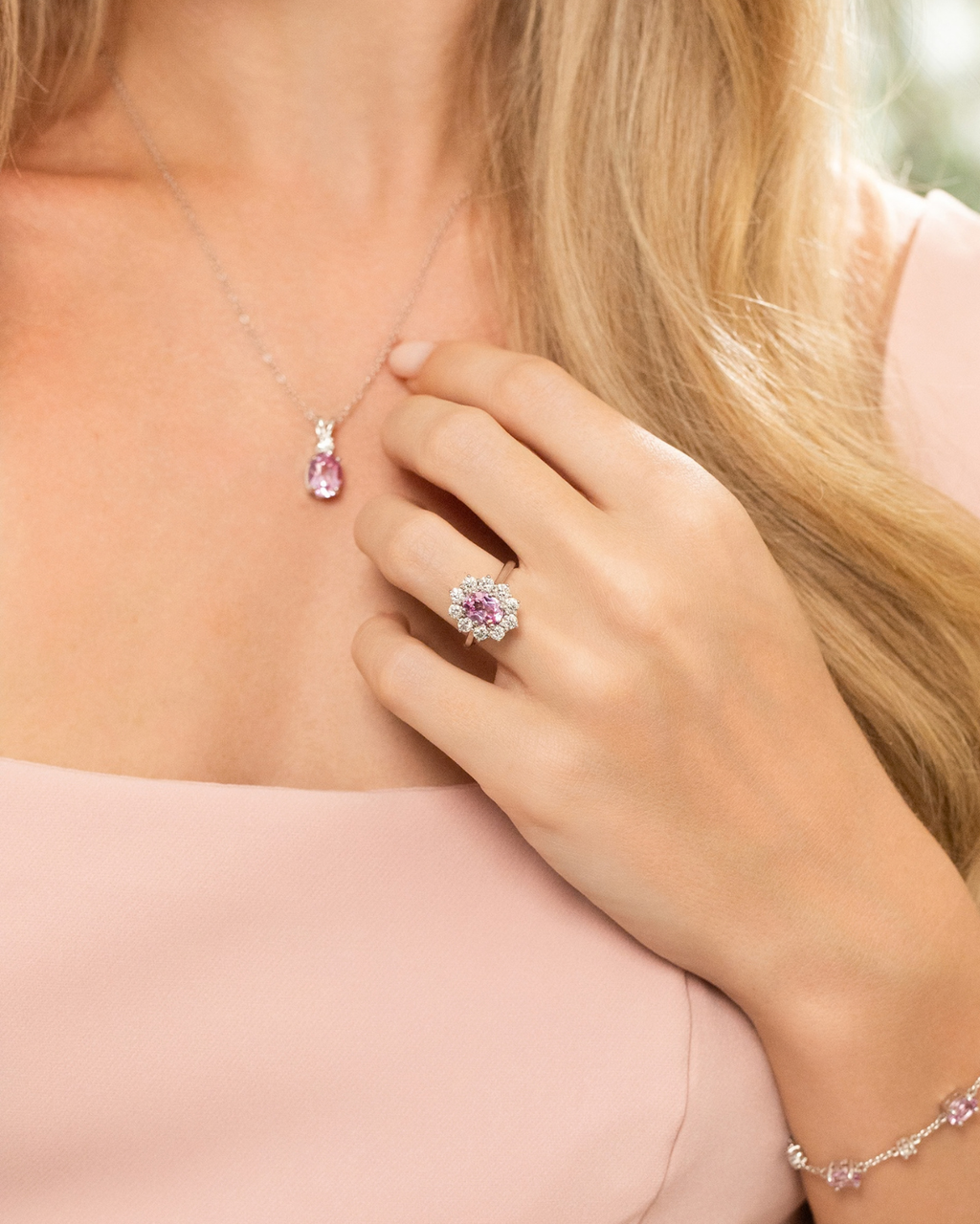 Bague de fiançailles auréole saphir rose en argent sterling
