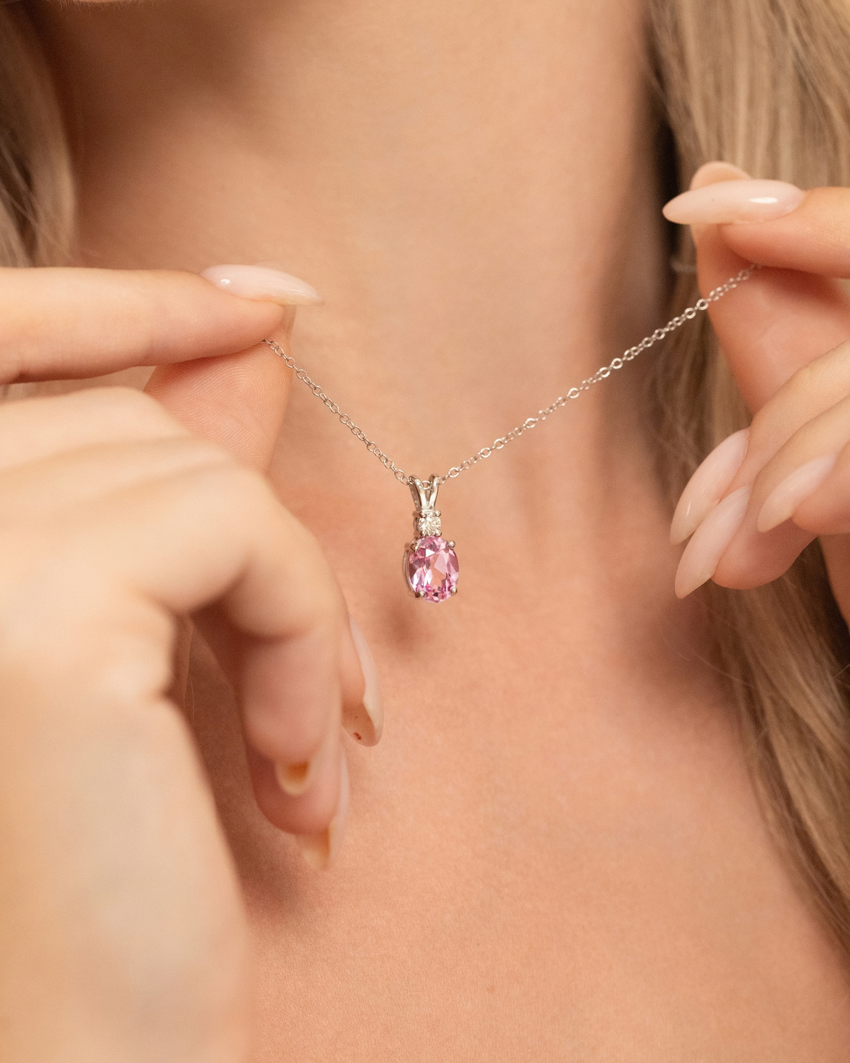 Collier pendentif saphir rose en argent sterling