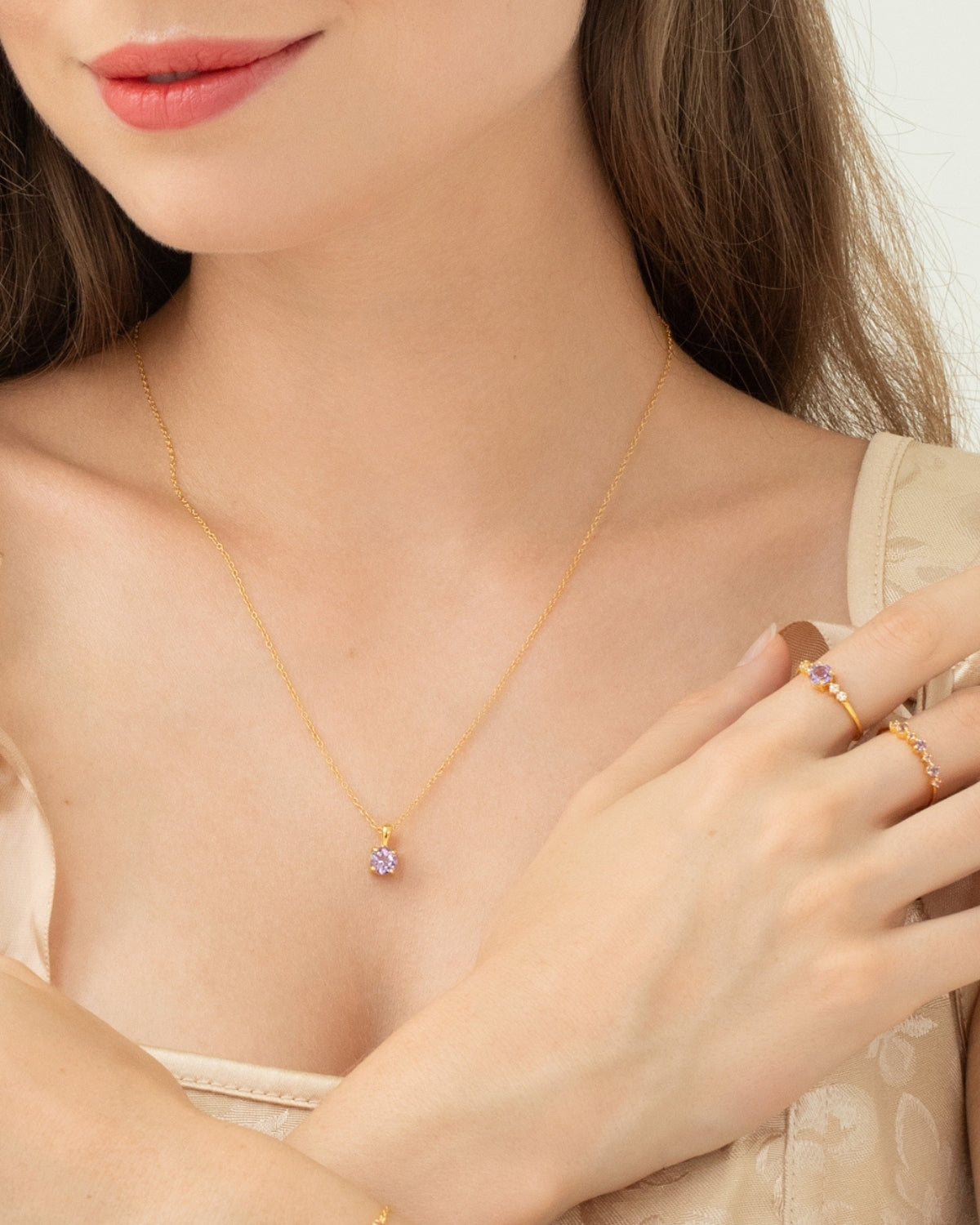 Lavender Amethyst Solitaire Pendant Necklace in 18k Gold Vermeil - SJR London Timepiece