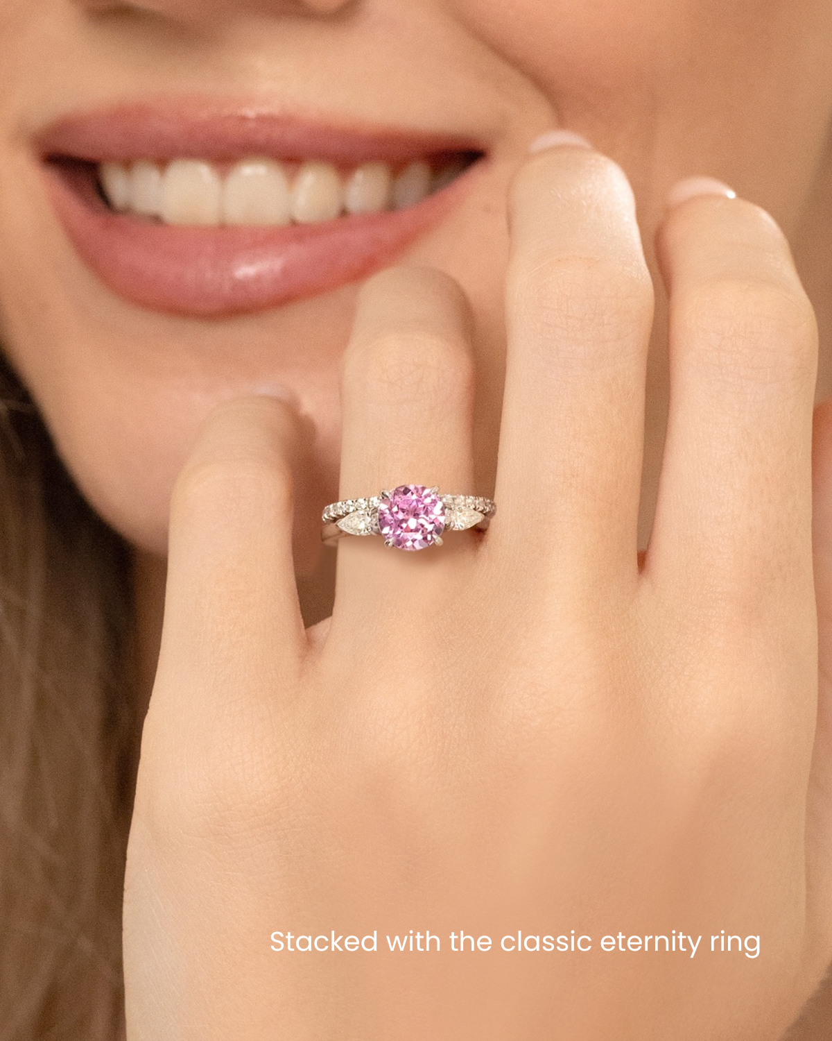 Pink Sapphire Round Cut Three Stone Engagement Ring in Sterling Silver - SJR London Timepiece