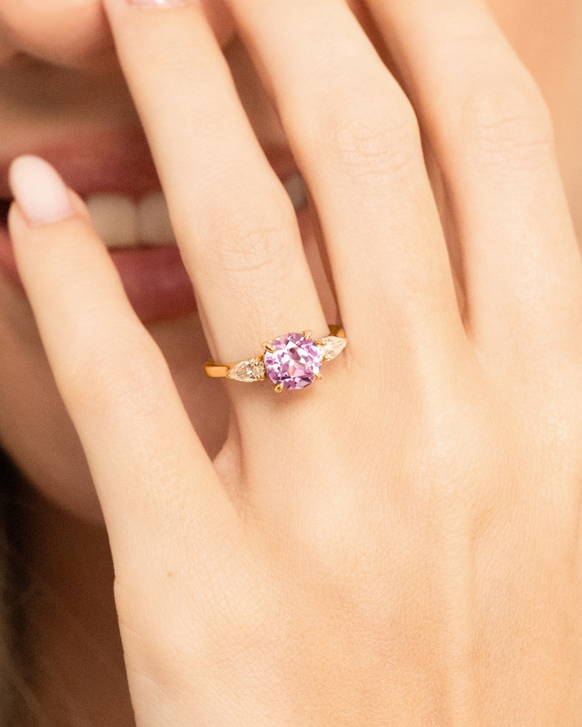 Pink Sapphire Round Cut Three Stone Engagement Ring in 18k Gold Vermeil - SJR London Timepiece
