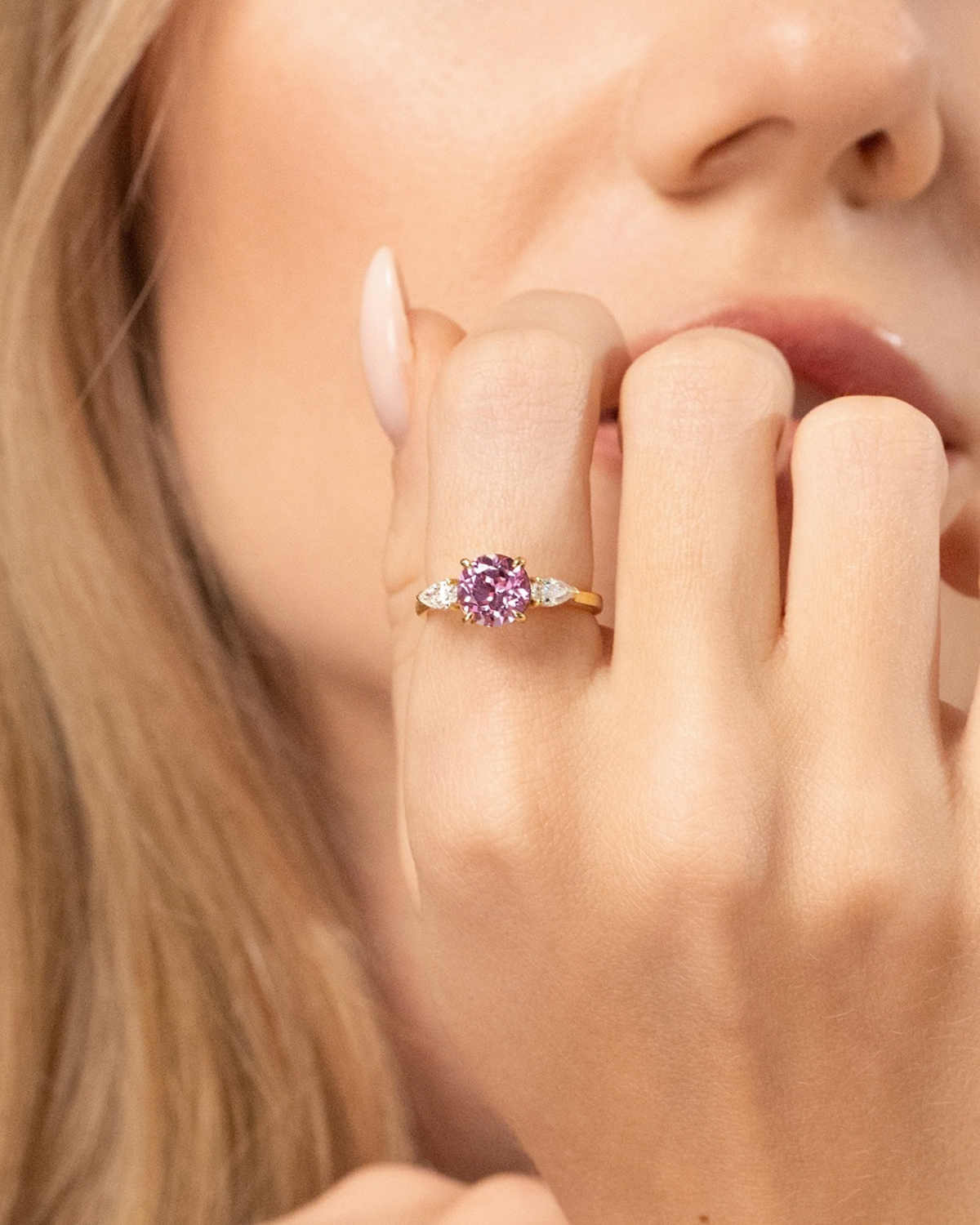 Pink Sapphire Round Cut Three Stone Engagement Ring in 18k Gold Vermeil - SJR London Timepiece