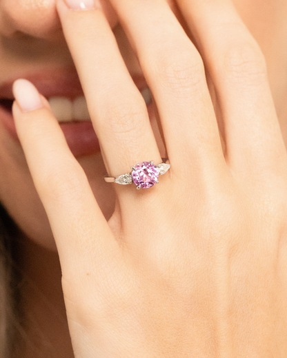Pink Sapphire Round Cut Three Stone Engagement Ring in Sterling Silver - SJR London Timepiece