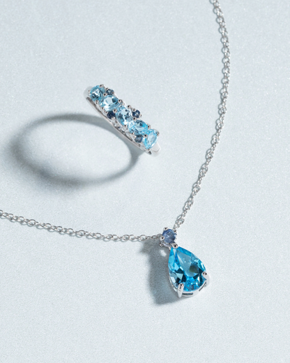 Blue Sapphire & Blue Topaz Pear Cut Pendant Necklace in Sterling Silver - SJR London Timepiece