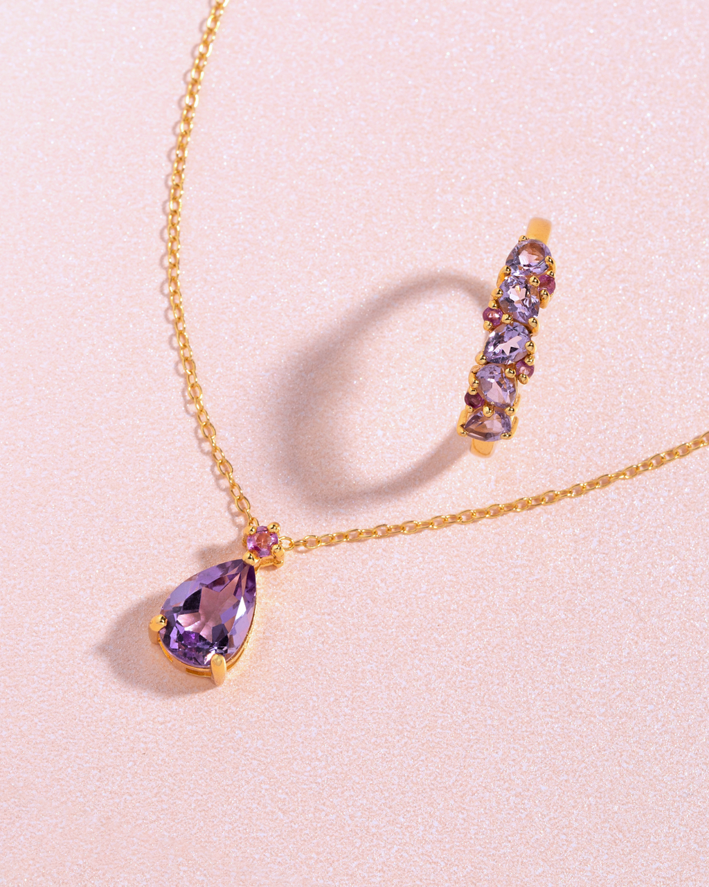 Bande demi-éternité en or vermeil 18 carats avec rubis rose et améthyste taille poire