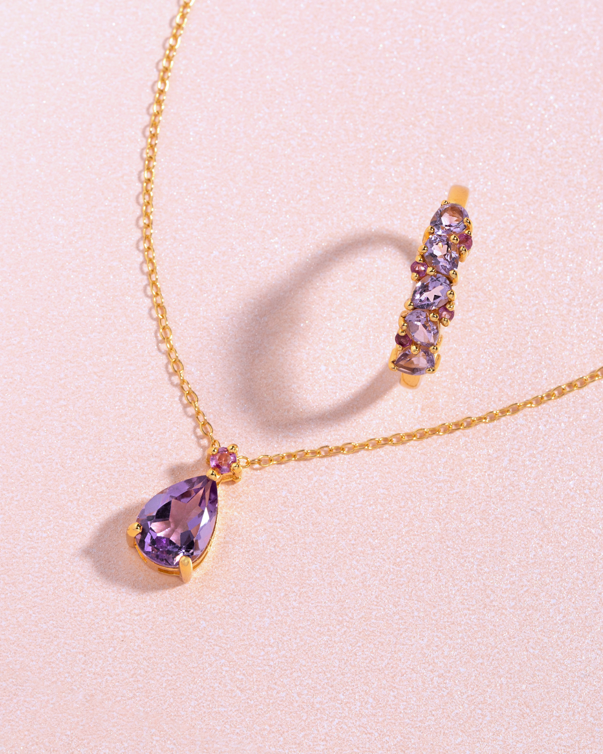 Pink Ruby & Amethyst Pear Cut Pendant Necklace in 18k Gold Vermeil - SJR London Timepiece