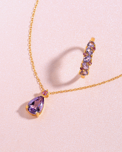Pink Ruby & Amethyst Pear Cut Pendant Necklace in 18k Gold Vermeil - SJR London Timepiece
